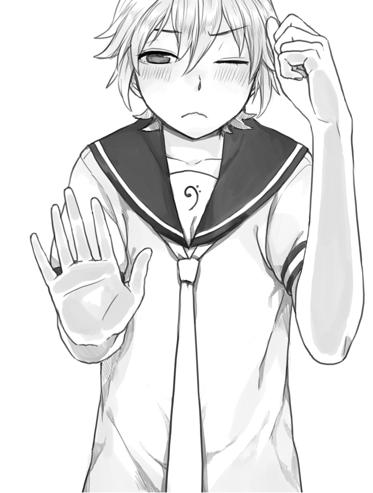 against_glass bad_id bad_pixiv_id blush face formalin greyscale hands kagamine_len male_focus monochrome necktie one_eye_closed sailor_collar solo vocaloid