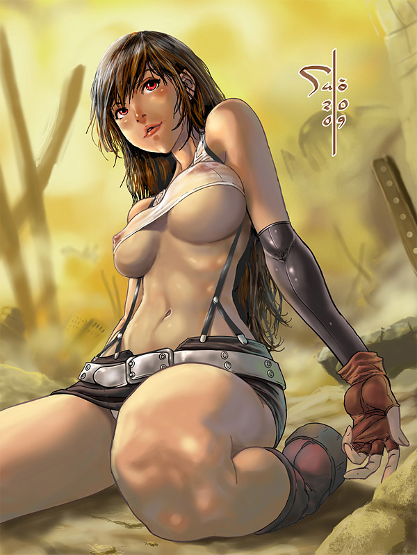 belly breasts brown_hair curvaceous erect_nipples final_fantasy final_fantasy_vii large_breasts looking_away midriff navel nipples oppai realistic red_eyes shitapai tagme tifa_lockhart tits transparent_clothing wide_hips