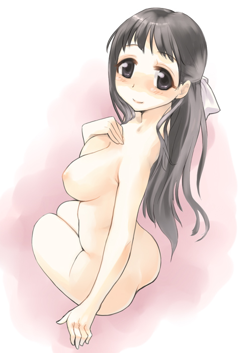 ass black_hair blush breasts collarbone from_above from_behind gk hair_ribbon hand_on_own_chest large_breasts long_hair looking_at_viewer looking_back looking_up nipples nude original ribbon smile soaking_feet solo very_long_hair water white_ribbon