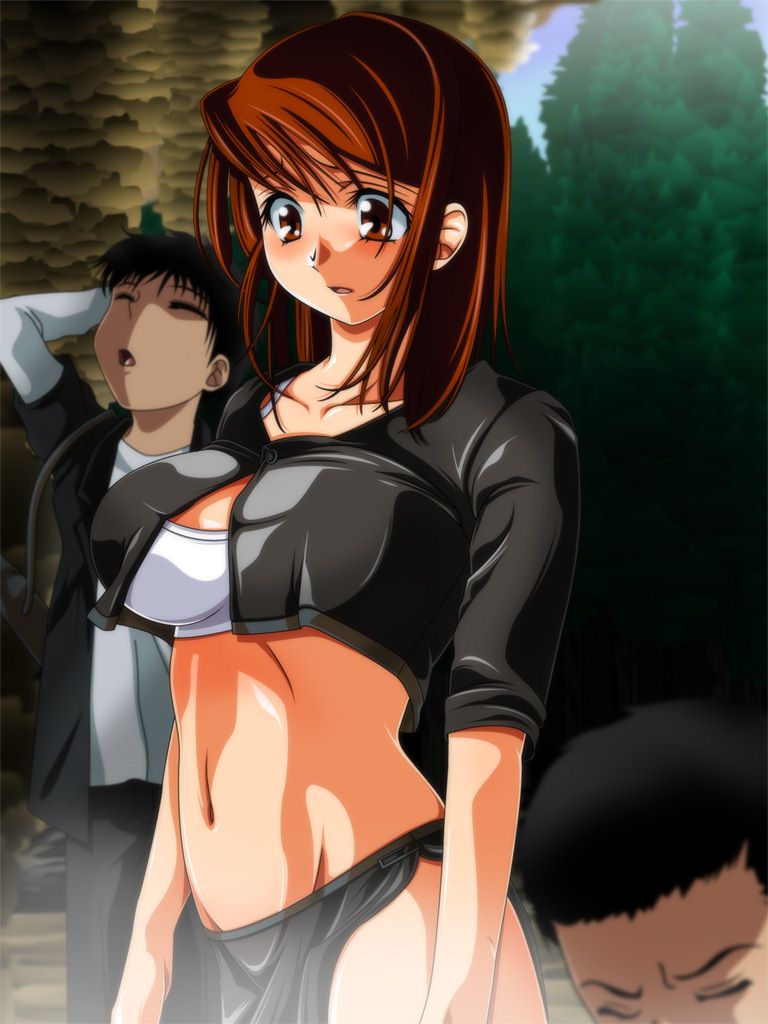 2boys acbc arm_up arms_at_sides black_hair black_jacket breasts brown_eyes brown_hair closed_eyes jacket large_breasts medium_hair multiple_boys navel open_mouth original skirt standing thighs