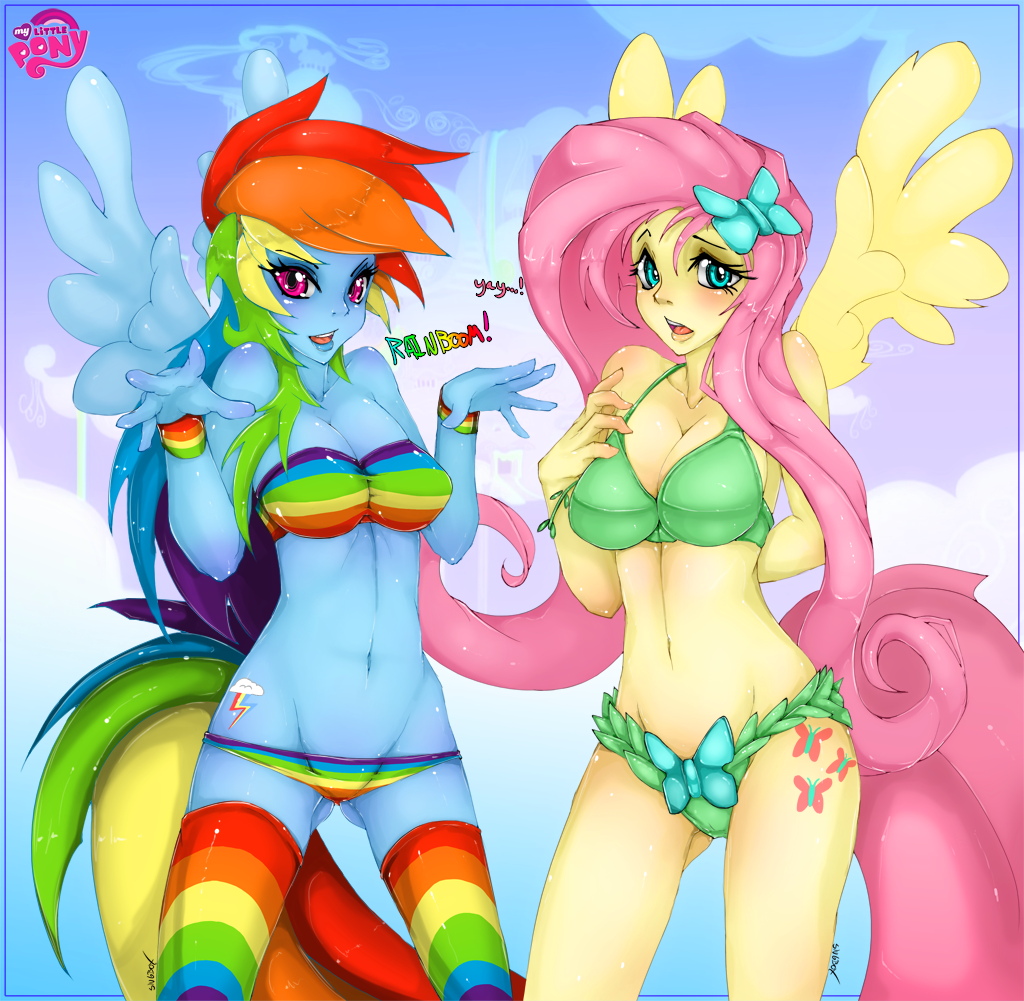 anthrofied arthropod blush bra butterfly clothed clothing cloud clouds cutie_mark dialog english_text equine female fluttershy_(mlp) friendship_is_magic hair hairclip horse insect legwear long_hair mammal multi-colored_hair my_little_pony navel open_mouth panties pegasus pink_hair pony rainbow_dash_(mlp) rainbow_hair skimpy slugbox stockings striped_bra striped_panties striped_stockings striped_wristband teeth text tongue underwear wings