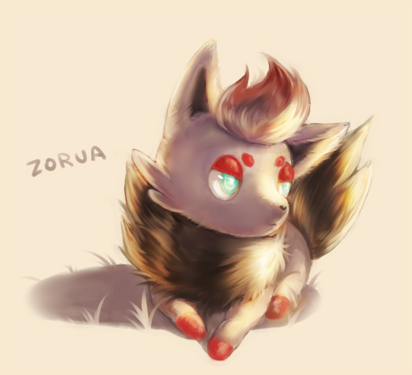 character_name full_body fwd gen_5_pokemon grass looking_away looking_to_the_side no_humans pokemon pokemon_(creature) shadow simple_background solo zorua