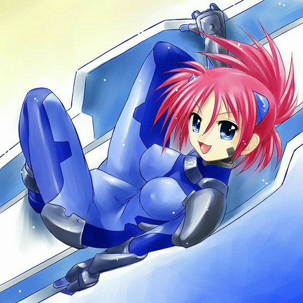 ayato blue_bodysuit blue_eyes bodysuit lyrical_nanoha mahou_shoujo_lyrical_nanoha_strikers numbers'_uniform numbers_(nanoha) red_hair solo wendi_(nanoha)