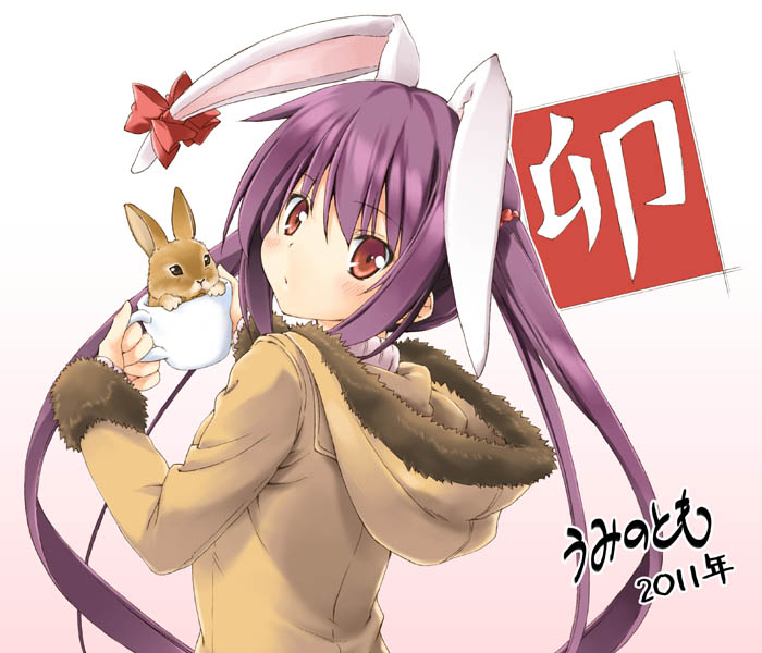 2011 animal animal_ears blush brown_eyes bunny bunny_ears chinese_zodiac cup hood hood_down hooded_jacket in_container in_cup jacket long_hair looking_back original purple_hair solo teacup twintails umino_tomo upper_body year_of_the_rabbit
