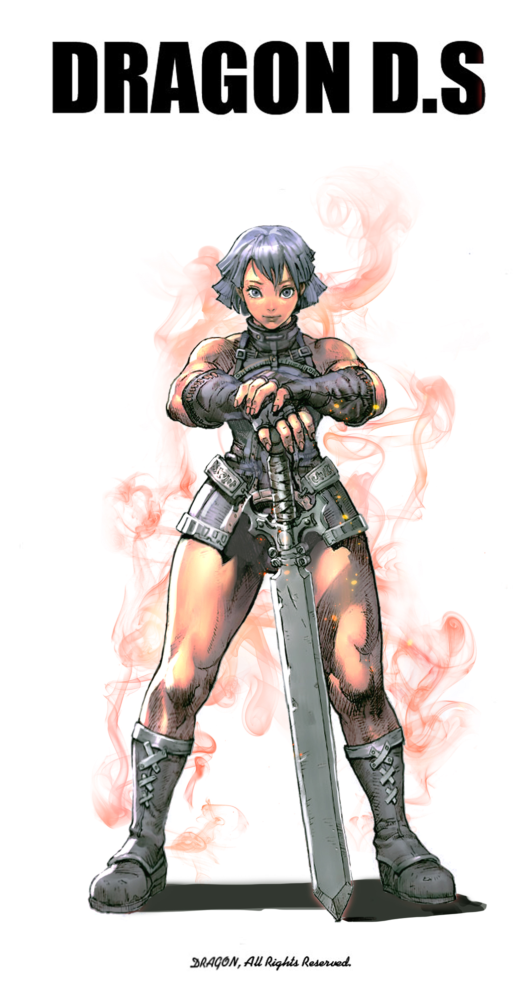 aura bad_id bad_pixiv_id blue_hair curvy fingerless_gloves gloves hands_on_hilt highres kilart leotard muscle original planted_sword planted_weapon skirt smile smoke solo sword thick_thighs thighs weapon wide_hips