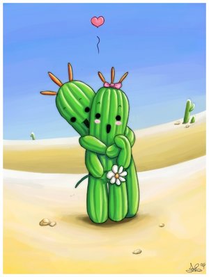 blue_sky blush_sticker blush_stickers cactuar cactus couple desert final_fantasy flower heart hug hug_from_behind lowres no_humans outdoors pebbles ribbon sabotender sand sky