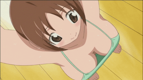 1girl :&gt; animated animated_gif arms_up bare_shoulders barefoot blush bounce bouncing_breasts breasts brown_eyes brown_hair cleavage female floor foreshortening from_above hinako hinako_(issho_ni_training) indoors issho_ni_training lowres oppai short_hair short_twintails smile solo standing sweat tank_top training twintails