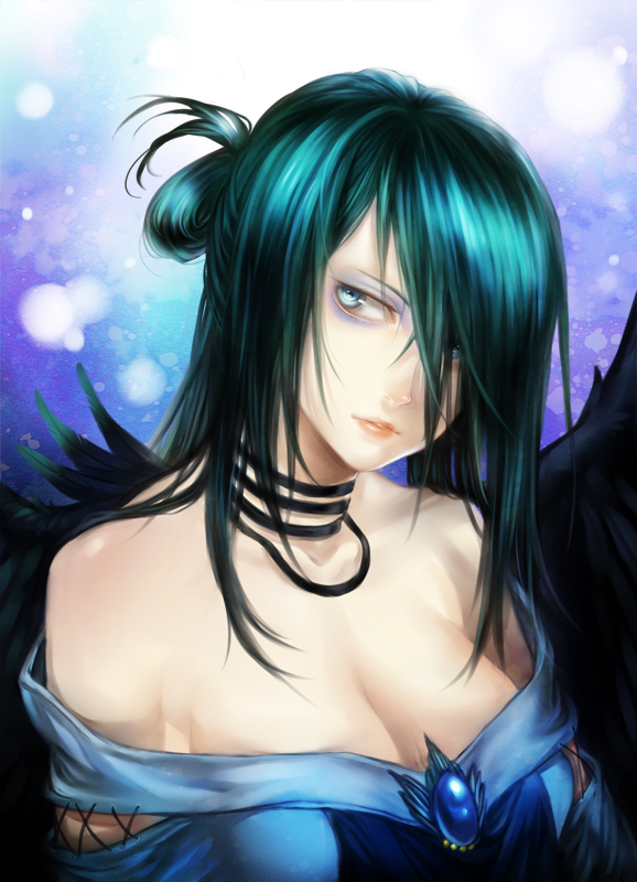 breasts cleavage feathers fwd green_eyes green_hair makeup medium_breasts original ribbon rista solo wings