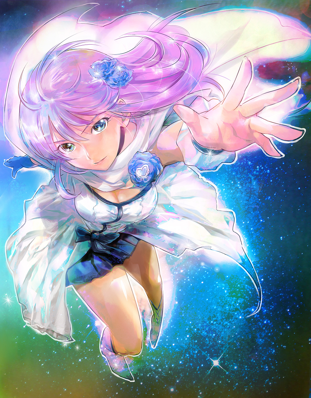 blue_eyes blue_flower blue_rose boots bow breasts cleavage cure_moonlight dress elbow_gloves face flower foreshortening from_above gloves hair_flower hair_ornament hands heart heartcatch_precure! highres long_hair magical_girl medium_breasts osamu precure purple_hair rose solo tsukikage_yuri wrist_cuffs