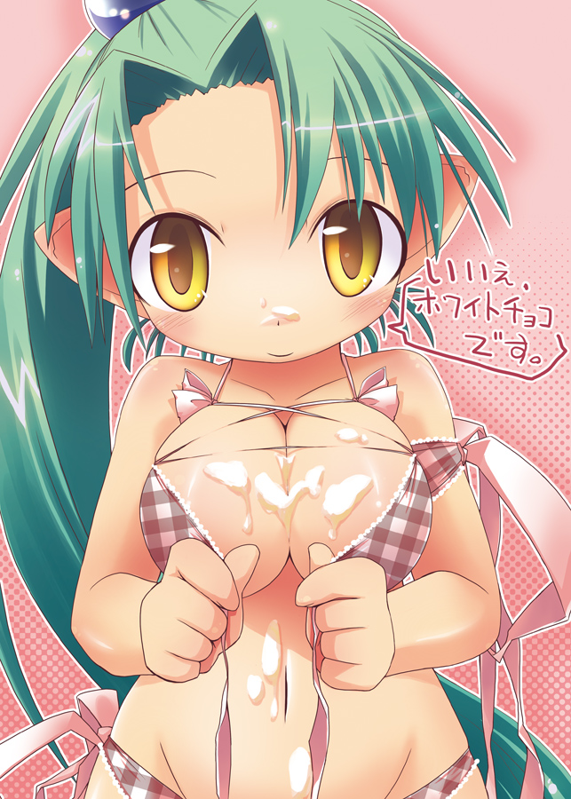 bra breasts chocolate front-tie_top green_hair hirose_madoka large_breasts long_hair looking_at_viewer original panties pointy_ears ponytail ribbon sexually_suggestive solo underwear untied untying yellow_eyes