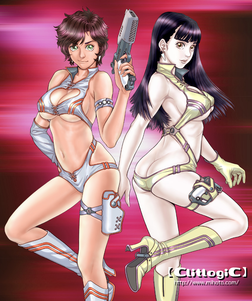 2girls 80s ass belt boots breasts butt_crack cameltoe cleavage cleavage_cutout clitlogic copyright_name cosplay costume dirty_pair gun gun_holster heart_cutout large_breasts long_hair looking_at_viewer mihoto_kouji multiple_girls oldschool revealing_clothes short_hair weapon web_address