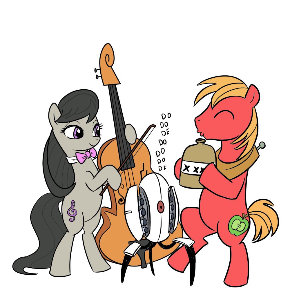 big_macintosh_(mlp) bow_tie cello crossover cutie_mark equine female feral friendship_is_magic g_clef horse machine male mammal mechanical musical_instrument my_little_pony octavia_(mlp) plain_background pony portal_(series) robot turret turret_(portal) unknown_artist valve white_background