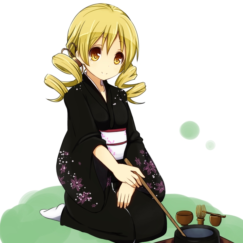 amano_kouki black_kimono blonde_hair chasen cup drill_hair full_body japanese_clothes kimono mahou_shoujo_madoka_magica seiza sitting smile solo tea tea_ceremony teacup tomoe_mami yellow_eyes