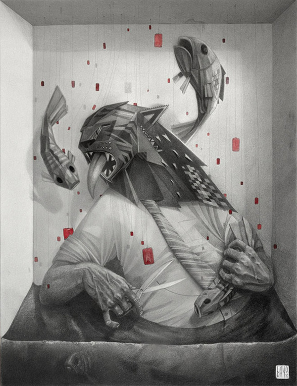 awesome box cool dress_shirt eduardo_flores eyes_closed feline feral fish flying greyscale human human_hands hybrid male mammal marine monochrome necktie open_mouth pointy_ears proper_art scissors sharp_teeth signature solo spot_color submerged surrealism teeth tongue tongue_out traditional_media what
