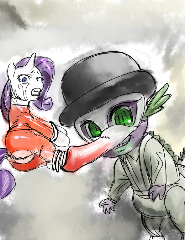 bound butt dragon equine female friendship_is_magic horn male mammal my_little_pony ottanta rarity_(mlp) scalie skinsuit spike_(mlp) tears tied unicorn