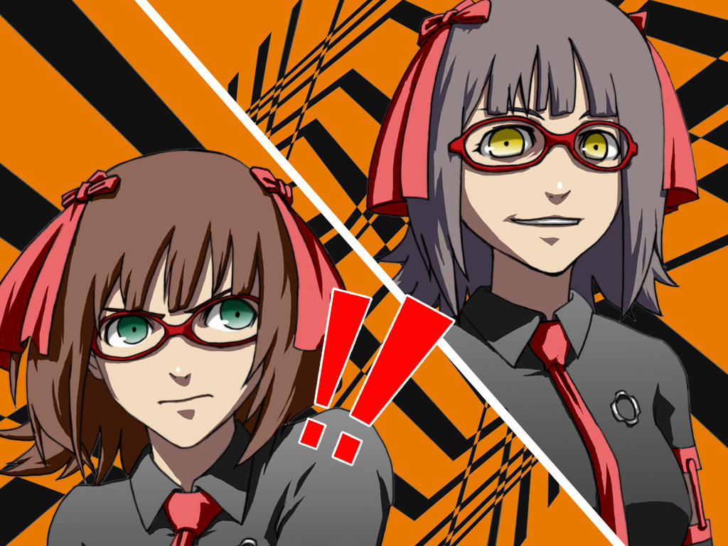 all-out_attack amami_haruka cut-in dark_haruka dual_persona glasses idolmaster idolmaster_(classic) idolmaster_live_for_you! multiple_girls parody persona persona_4 punkish_gothic zearthp