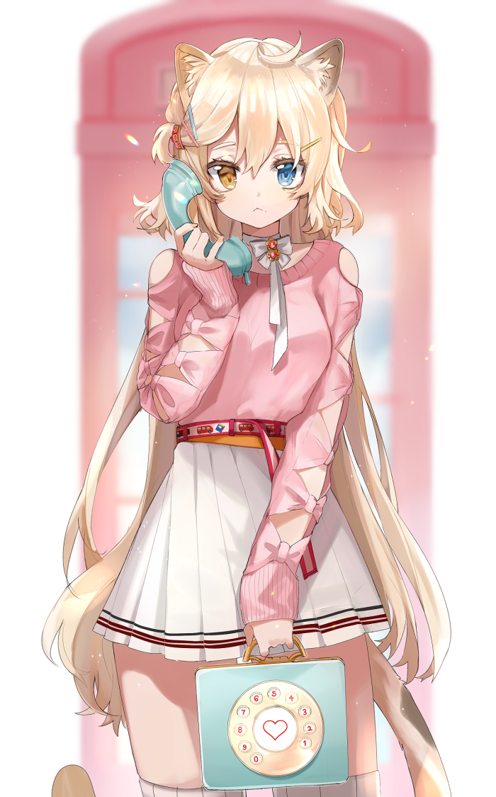 :&lt; ahoge animal_ear_fluff animal_ears arm_cutout bag bangs bangs_pinned_back bare_shoulders belt blonde_hair blue_eyes blush bow breasts choker commentary cowboy_shot hair_ornament hairclip heterochromia high-waist_skirt holding holding_bag holding_phone long_hair looking_at_viewer medium_breasts mid_(gameshe) original phone phone_booth pink_sweater pleated_skirt ribbon ribbon_choker rotary_phone shoulder_cutout skirt sleeve_ribbon standing sweater tail thighhighs tied_hair very_long_hair white_bow white_ribbon white_skirt yellow_eyes
