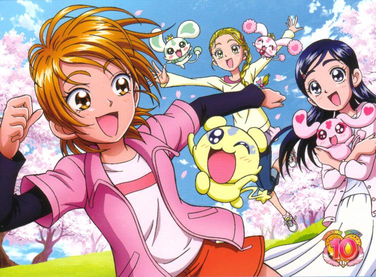 :d ;d blonde_hair blue_eyes blue_hair blush braid brown_eyes brown_hair cherry_blossoms creature day dress eyelashes futari_wa_precure futari_wa_precure_max_heart inagami_akira jacket kujou_hikari long_hair long_sleeves lulun mepple mipple misumi_nagisa multiple_girls official_art one_eye_closed open_clothes open_jacket open_mouth outdoors plant porun precure red_skirt running short_hair skirt smile tareme tree white_dress yellow_eyes yukishiro_honoka