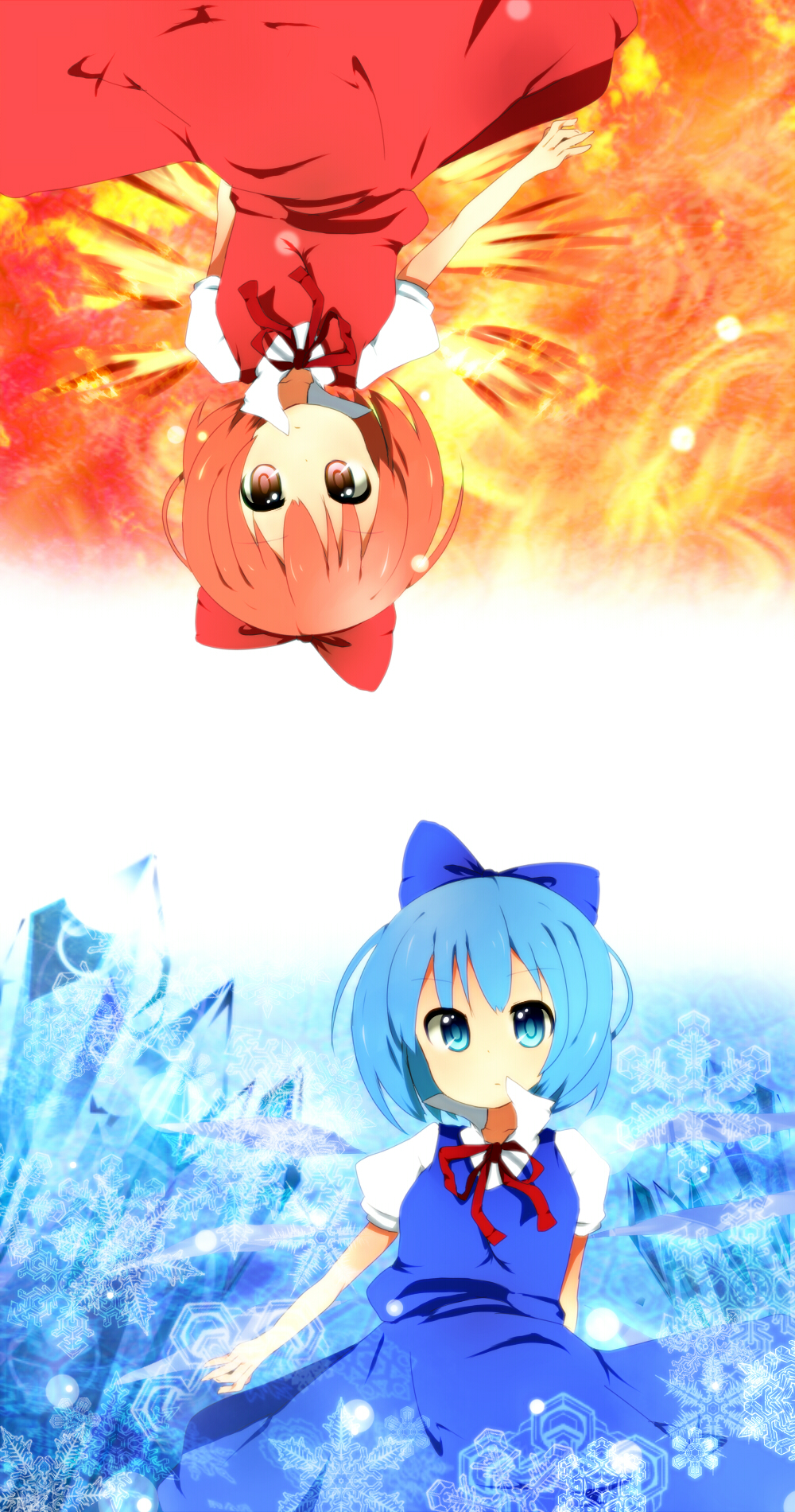 achi_cirno alternate_color alternate_element bad_id bad_pixiv_id blue_hair blush bow cirno dual_persona fire hair_bow highres ice multiple_girls polar_opposites red_eyes red_hair ribbon short_hair tapa touhou upside-down wings
