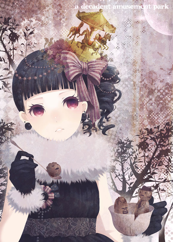 black_hair bow cup earrings gloves hair_bow hair_ornament jewelry mirusa original purple_eyes side_ponytail solo