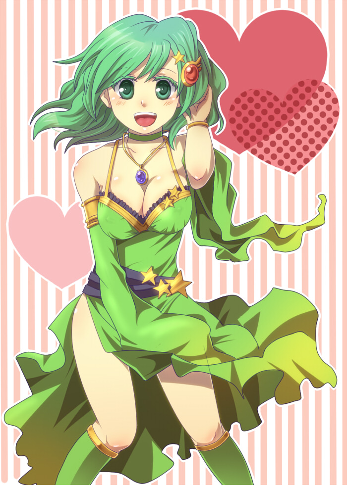 breasts cleavage detached_sleeves final_fantasy final_fantasy_iv green_eyes green_hair green_leotard heart jewelry leotard medium_breasts necklace older purana rydia solo star
