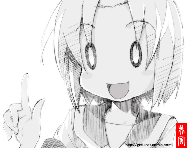:d a_channel gofu greyscale momoki_run monochrome o_o open_mouth pointing pointing_up school_uniform serafuku short_hair sketch smile solo spot_color traditional_media