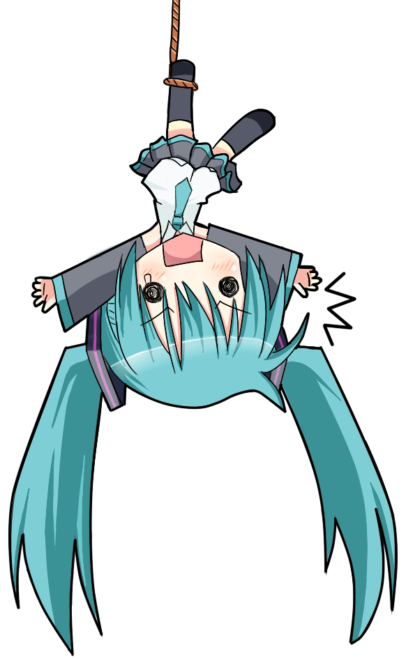 aqua_hair chibi detached_sleeves full_body hanging hatsune_miku long_hair necktie niboss rope skirt snare solo teardrop thighhighs transparent_background twintails upside-down vocaloid