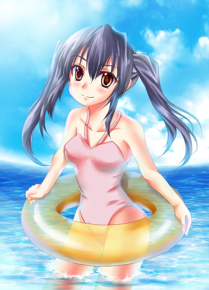 black_hair brown_eyes highres innertube izumi_akane k-on! long_hair md5_mismatch nakano_azusa one-piece_swimsuit solo swimsuit twintails wading water