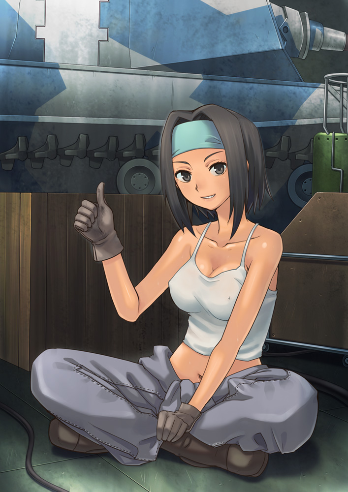 black_hair boots breasts brown_eyes caterpillar_tracks cleavage collarbone covered_nipples gloves grin ground_vehicle hair_intakes hashi headband indian_style large_breasts lavinia_lane midriff military military_vehicle motor_vehicle navel no_bra senjou_no_valkyria senjou_no_valkyria_2 shirt sitting smile solo tank tank_top thumbs_up tied_shirt