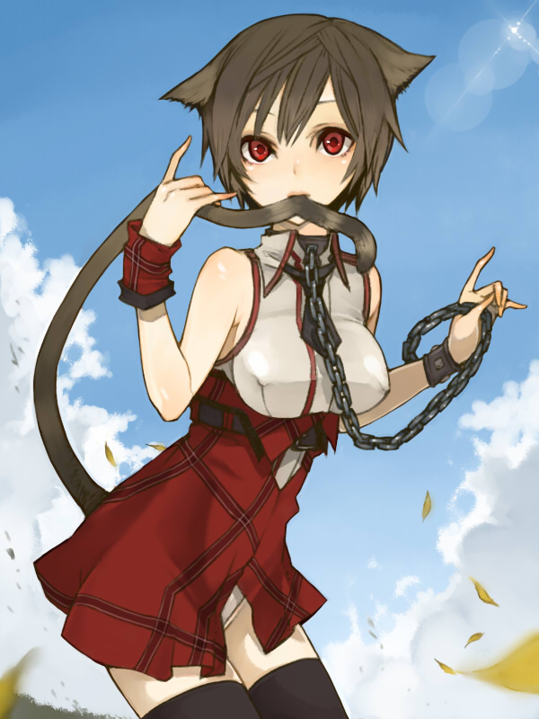 animal_ears bad_id bad_pixiv_id bare_shoulders bdsm biting bondage bound breasts brown_hair cat_ears cat_tail chain collar copyright_request covered_nipples cuffs kurono_yuu large_breasts lens_flare mouth_hold pinky_out red_eyes short_hair slave sleeveless solo tail tail_biting thighhighs wrist_cuffs zettai_ryouiki