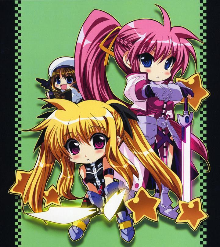 arm_belt arm_guards bardiche blonde_hair blue_eyes chibi cropped_jacket fate_testarossa fingerless_gloves gloves hair_ribbon hat jacket jpeg_artifacts levantine long_hair lyrical_nanoha magical_girl mahou_shoujo_lyrical_nanoha mahou_shoujo_lyrical_nanoha_a's mahou_shoujo_lyrical_nanoha_strikers multiple_girls open_clothes open_jacket pink_hair ponytail red_eyes ribbon short_hair signum star sword tome_of_the_night_sky twintails waist_cape weapon wings yagami_hayate