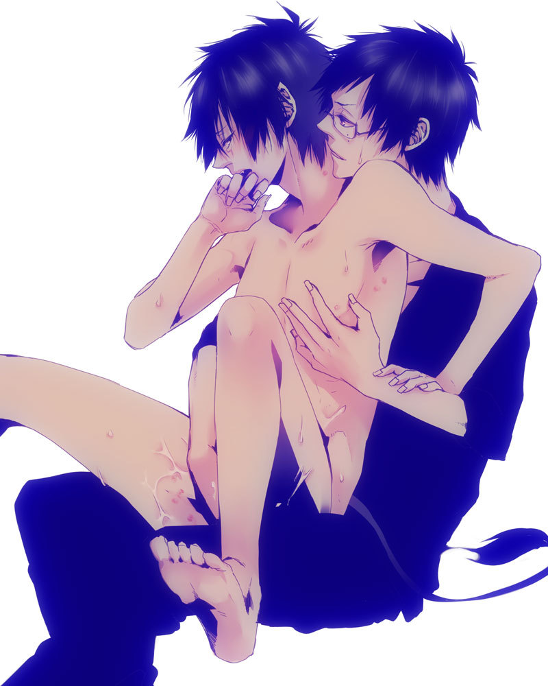 ao_no_exorcist barefoot brothers clothed_male_nude_male clothed_on_nude cum cum_on_body glasses handjob hickey incest male male_focus nude okumura_rin okumura_yukio penis pointy_ears siblings sitting spread_legs tail yaoi