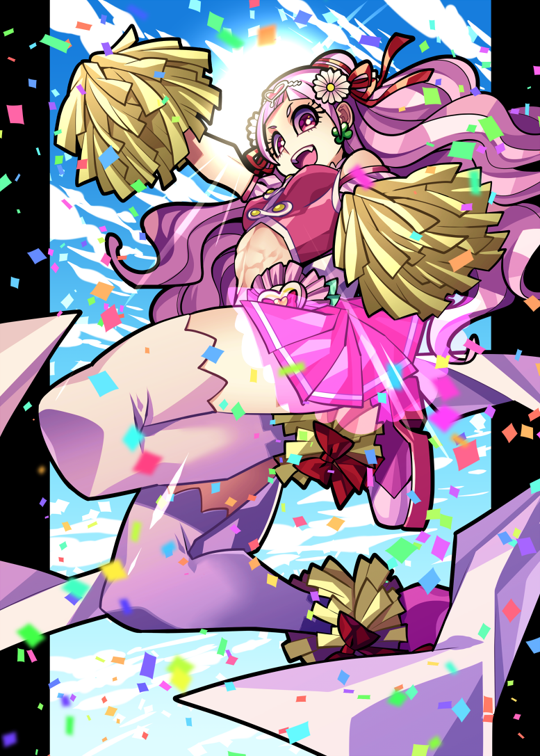 1girl :d abs back_bow bow cloud confetti cure_yell earrings flower full_body hair_bun hair_flower hair_ornament hair_ribbon heart heart_hair_ornament hugtto!_precure jewelry jumping layered_skirt long_hair looking_at_viewer magical_girl ninomae nono_hana open_mouth pillarboxed pink_eyes pink_footwear pink_hair pink_shirt pink_skirt pom_poms precure red_bow red_ribbon ribbon see-through shirt shoes skirt sky sleeveless sleeveless_shirt smile solo thighhighs toned white_bow white_legwear zettai_ryouiki