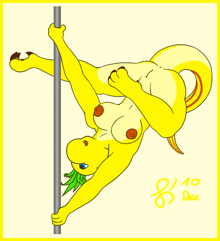 anus breasts claws dancing female flexible leza_zingy lizard nipples nude pole pole_dance pole_dancing pussy reptile scalie sen-en solo stripper_pole tail upside_down yellow yellow_body