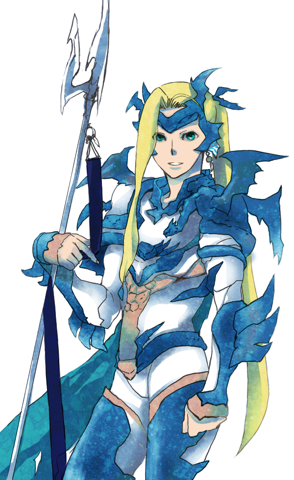 aqua_eyes armor bad_id bad_pixiv_id blonde_hair bzp cain_highwind cape dragoon final_fantasy final_fantasy_iv final_fantasy_iv_the_after long_hair male_focus polearm ponytail smile solo spear spoilers standing weapon