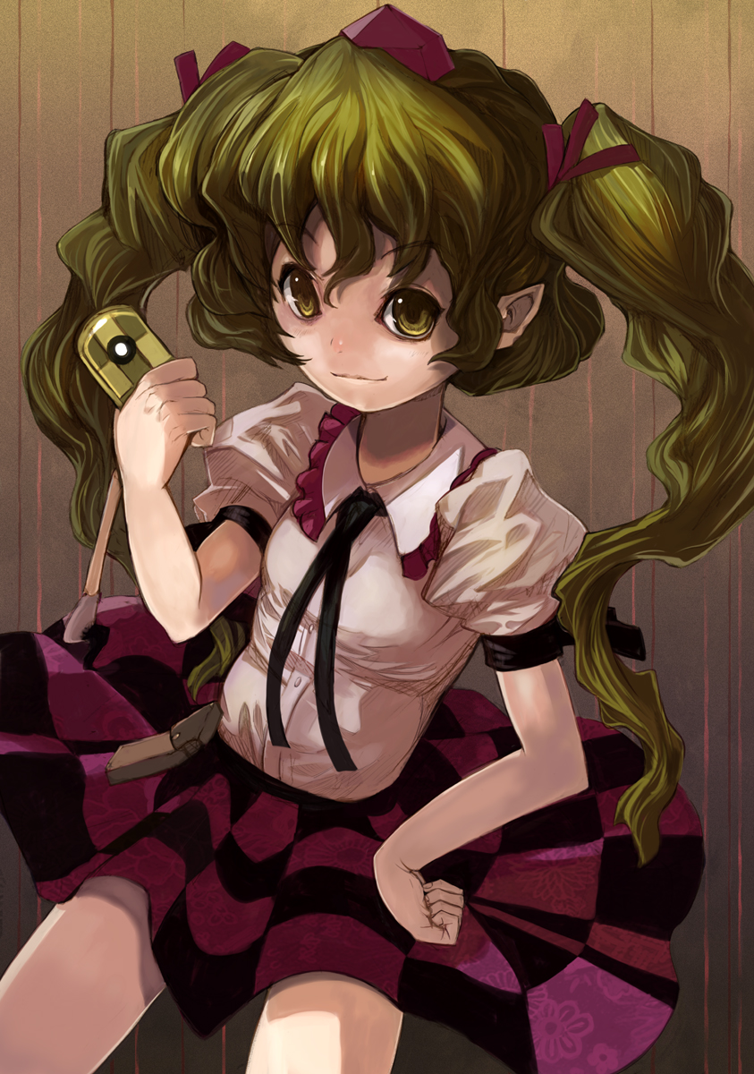 brown_eyes brown_hair cellphone checkered checkered_skirt hat highres himekaidou_hatate necktie phone pointy_ears shope short_hair skirt solo tokin_hat touhou twintails