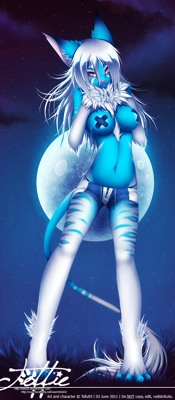 breasts chest_tuft clothed clothing feline female fur hair mammal moon night_sky nipple_tape outside red_eyes skimpy solo stars tofu93 tuft white_hair