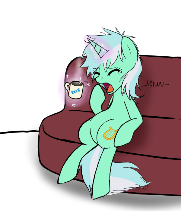 coffee equine female friendship_is_magic horn horse lyra_(mlp) lyra_heartstrings_(mlp) mammal morning my_little_pony open_mouth pony sitting slumped sofa solo sorekey tousled unicorn yawn yawning