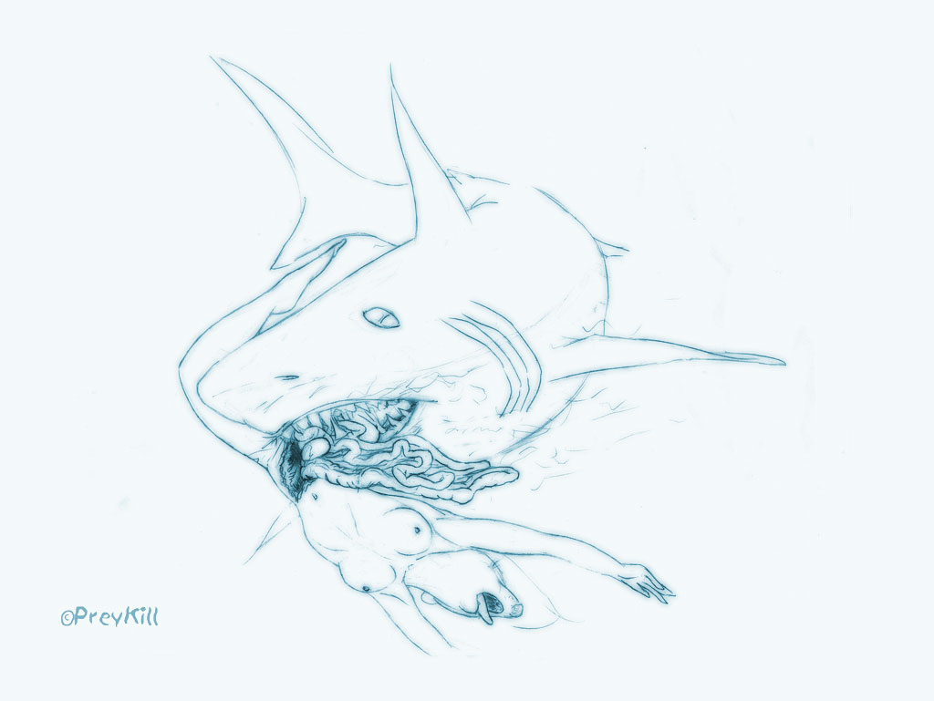 breasts dead death female feral fish gills gore hard_vore intestines line_art marine monochrome navel nude open_mouth plain_background preykill raised_arm shark sketch snuff tongue tongue_out underwater unknown_species vore water white_background