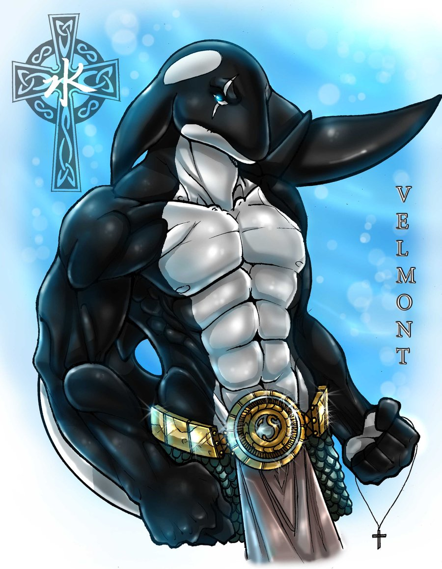 &dagger; abs anthro belt biceps big_muscles cetacean cross looking_at_viewer male mammal marine muscles necklace orca pecs scar solo tail topless velmont walter_sache whale