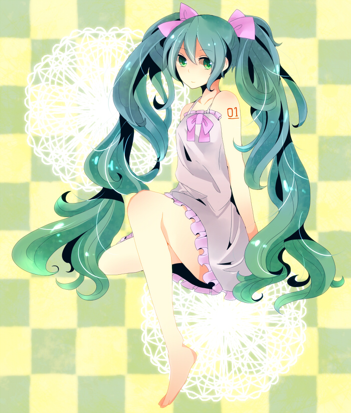 aqua_eyes aqua_hair bad_id bad_pixiv_id barefoot hair_ribbon hatsune_miku legs long_hair maeko ribbon solo twintails very_long_hair vocaloid