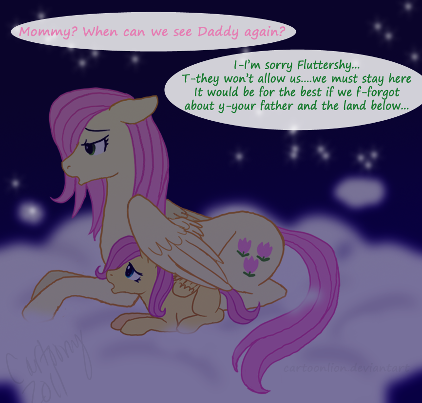 cartoonlion cloud clouds cute english_text equine female feral fluttershy's_mother_(mlp) fluttershy_(mlp) foal friendship_is_magic hair horse mammal my_little_pony pegasus pink_hair pony posey_(mlp) sad stars text wings