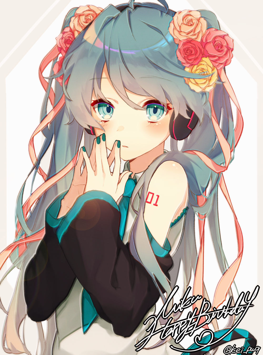 ahoge bangs bare_shoulders blue_eyes blue_hair blue_neckwear blush brown_ribbon collared_shirt commentary_request detached_sleeves eyebrows_visible_through_hair fingernails flower fujikiri_yana green_nails grey_shirt hair_between_eyes hair_flower hair_ornament hair_ribbon hands_up happy_birthday hatsune_miku headphones highres jewelry long_hair long_sleeves looking_at_viewer nail_polish necklace parted_lips red_flower red_rose ribbon rose shirt sleeveless sleeveless_shirt sleeves_past_wrists solo steepled_fingers twintails twitter_username very_long_hair vocaloid wide_sleeves yellow_flower yellow_rose