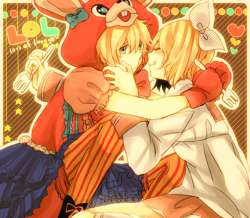 1boy 1girl :d animal_costume anko_ume_(ra_furaaannsu) blonde_hair boot_bow bow boy boy_and_girl bunny_costume eyes_closed female fork girl gloves hair_bow hand_on_another's_face hand_on_face heart kagamine_len kagamine_rin lol lots_of_laugh_(vocaloid) male open_mouth pants sitting skirt smile star striped striped_background striped_pants vocaloid
