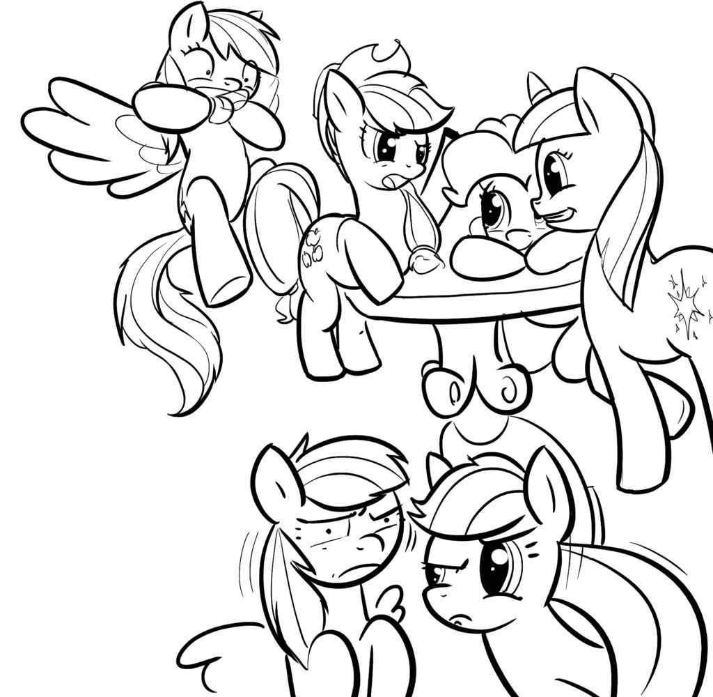 applejack_(mlp) black_and_white equine female friendship_is_magic laugh monochrome my_little_pony pegasus pinkie_pie_(mlp) taunting twilight_sparkle_(mlp) unicorn ಠ_ಠ