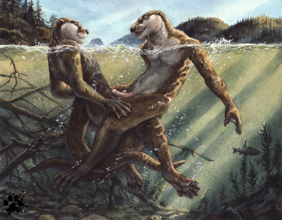 animal_genitalia anthro blotch branch couple duo fish frottage gay male mammal marine mountain mustelid nude otter outside penis scenery sex small_penis tree underwater water webbed_feet wet wood