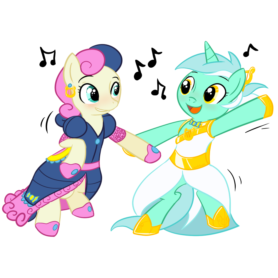 bonbon_(mlp) collaboration dancing dress equine female friendship_is_magic horn horse krekka01 lyra_(mlp) lyra_heartstrings_(mlp) mammal megasweet musical_note my_little_pony plain_background pony unicorn white_background