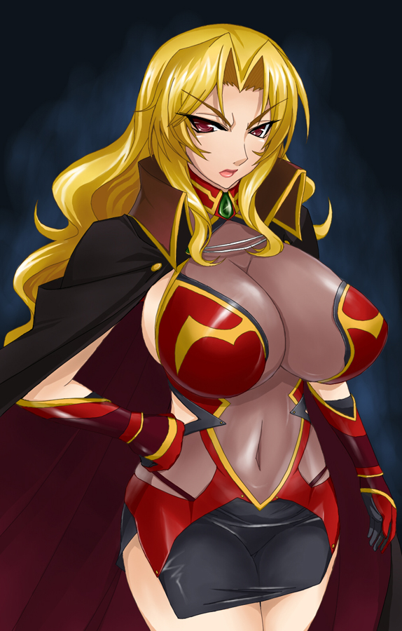 alicia_viewstream blonde_hair breasts brooch cape center_opening cleavage curvy dress gloves jewelry kangoku_senkan kangoku_senkan_2 large_breasts lipstick long_hair makeup mature navel no_bra otogi_tetsurou panties red_eyes short_dress solo thighs thong underwear wide_hips