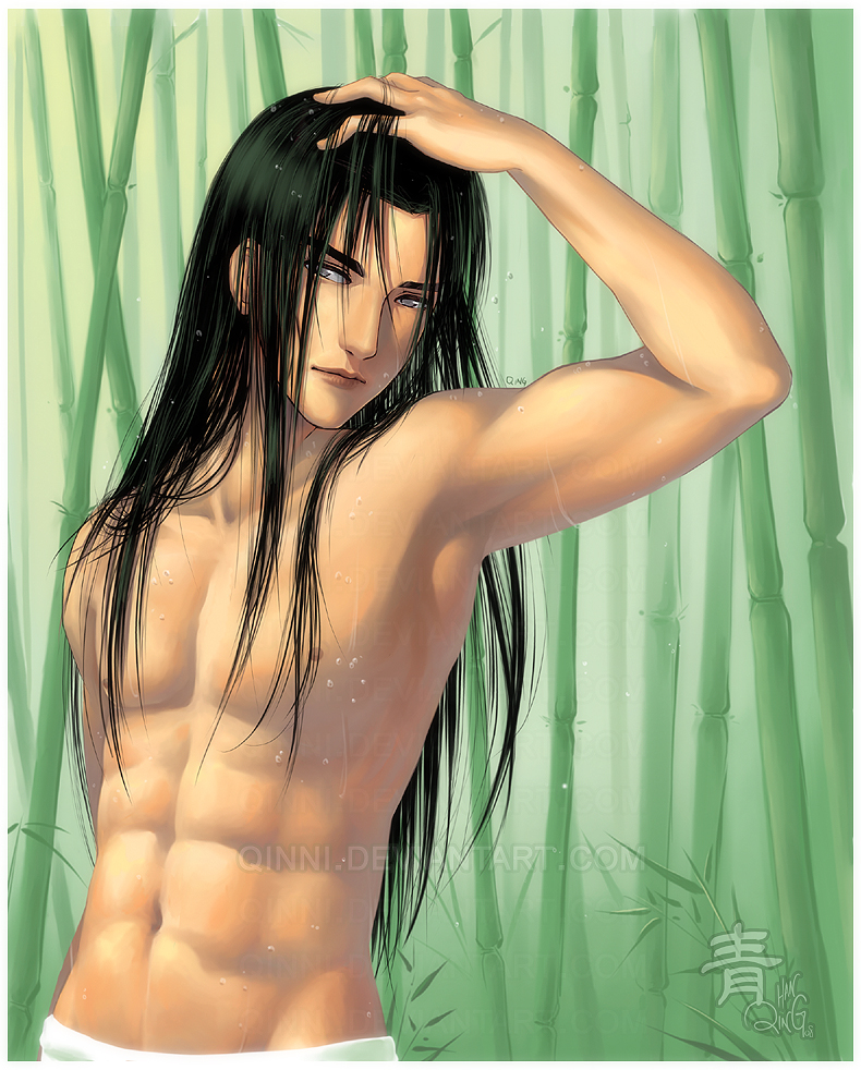 1boy abs armpits arms_up bamboo bare_shoulders black_hair boy cute hyuuga_neji long_hair male male_focus muscle naruto nature navel nipples outdoors outside qinni sexy solo standing sweat topless towel very_long_hair water white_eyes