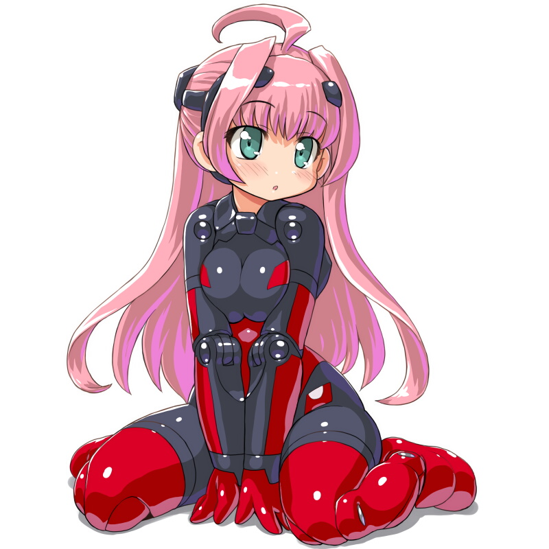 :o ach ahoge aqua_eyes bangs between_legs blush bodysuit boots breast_squeeze breasts busou_shinki dd_(ijigendd) doll_joints full_body gloves hand_between_legs headgear hips long_hair looking_to_the_side medium_breasts open_mouth pink_hair shadow shiny shiny_clothes simple_background sitting solo v_arms very_long_hair wariza white_background